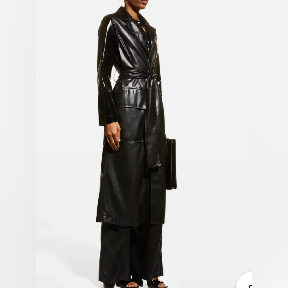 STAUD Black Faux Leather Trench Coat